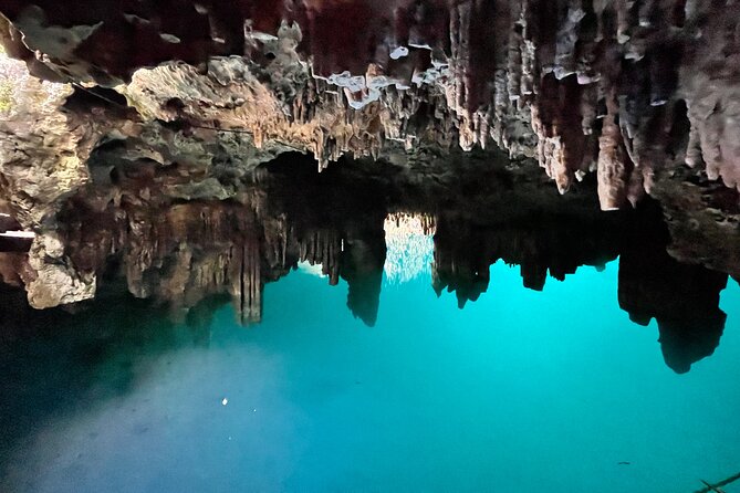 Family ATV Cenote Five Zip Lines Photos Taco Lunch Tequila Taste - The cenote stop: swimming, jumps, and a cave lagoon
